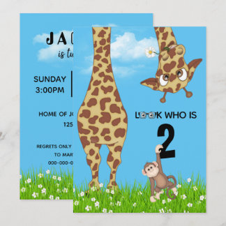 2. Geburtstag Giraffe und Affe im Gras Einladung