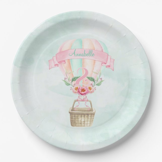 2. Geburtstag Hot Air Ballon Minze Pink Peach Pappteller (Vorderseite)