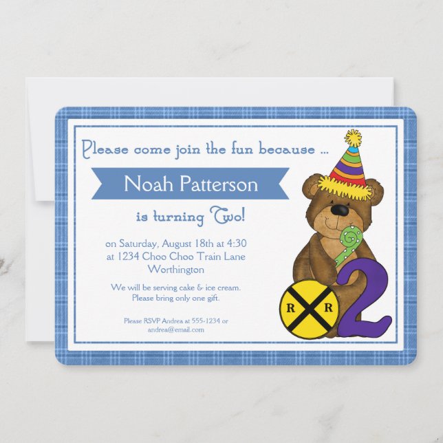2. Geburtstag Junge Einladungen Teddy Bären Zug (Vorderseite)