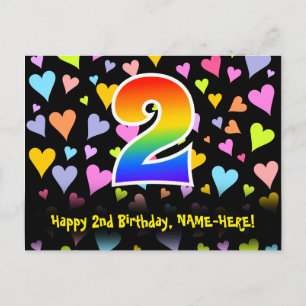 2. Geburtstag: Lustiges Herzen-Muster, Regenbogen  Postkarte