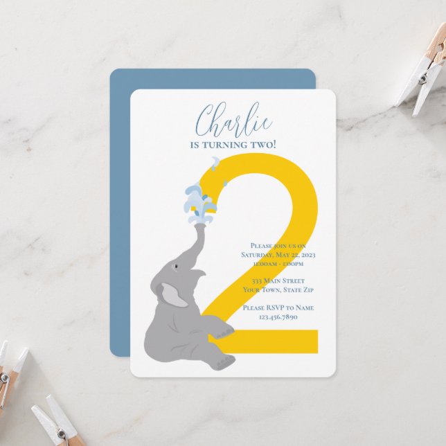2. Geburtstag Moderne Gray Elephant Party Einladun Einladung (Vorderseite/Rückseite Beispiel)