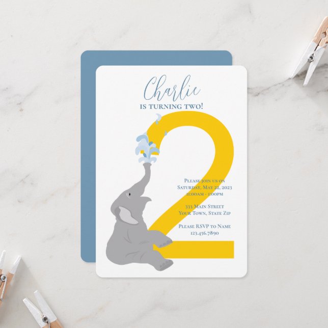 2. Geburtstag Moderne Gray Elephant Party Einladun Einladung (Vorderseite/Rückseite Beispiel)
