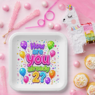 2. Geburtstag Neon-Party-Ballons und Konfetti Pappteller
