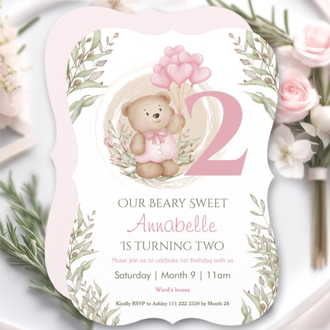 2. Geburtstag Niedlicher Teddy Bären Herzblasen Ro Einladung (2nd Birthday Cute Teddy Bear Heart Balloons Pink Invitation)