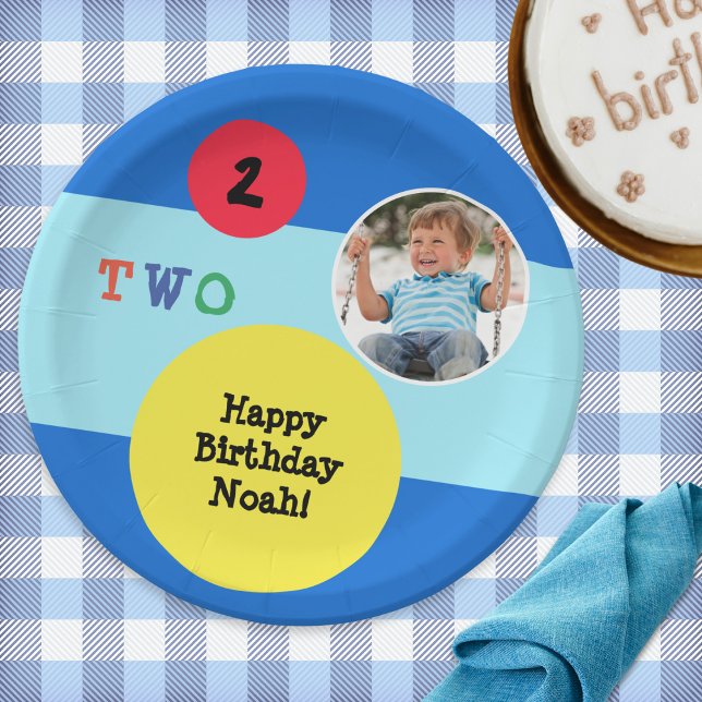 2. Geburtstag Party Custom Foto Farbenfrohe Helle Pappteller (A colorful paper plate for a 2nd birthday party. Personalize with your own message and photo)