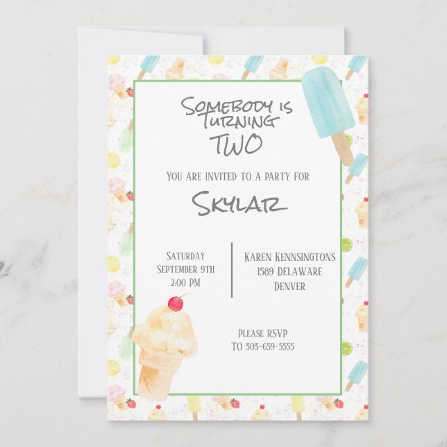 2. Geburtstag Party Eiscreme und Popsicles Einladung (Vorderseite)
