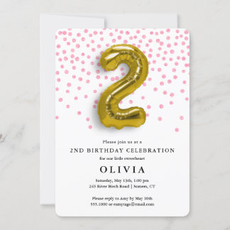 2. Geburtstag Pink Confetti und Gold Ballon Einladung