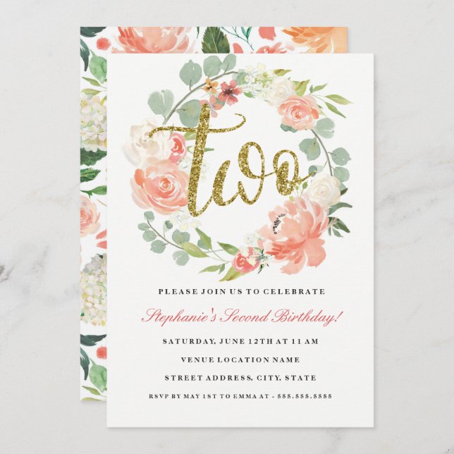 2. Geburtstag Pink Gold Blumenstrauß Einladung (Vorne/Hinten)