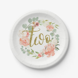 2. Geburtstag Pink Gold Floral Wreath Paper Plate Pappteller