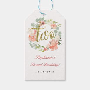 2. Geburtstag Pink Gold Floral Wreath Tags Geschenkanhänger