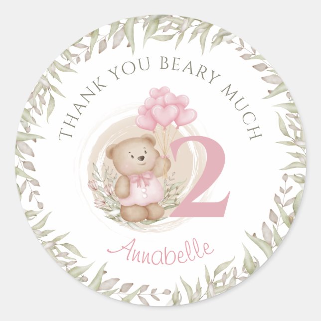 2. Geburtstag Pink Teddy Bär Danke Stickers (Vorderseite)