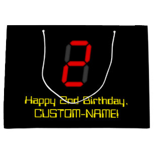 2. Geburtstag: Red Digital Clock Style "2" + Name Große Geschenktüte