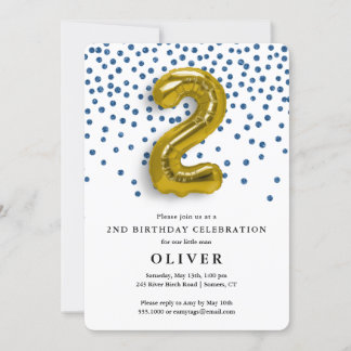 2. Geburtstag Royal Blue Confetti und Gold Balloon Einladung