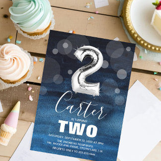 2. Geburtstag Silberballon | Blaues Party Einladung