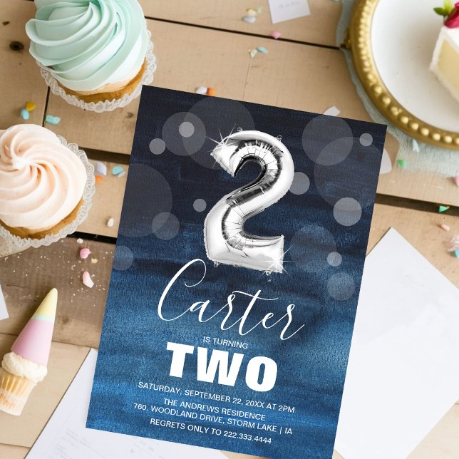 2. Geburtstag Silberballon | Blaues Party Einladung (Von Creator hochgeladen)