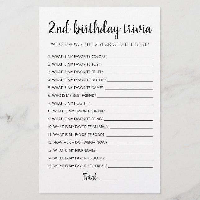 2. Geburtstag Trivia editierbares Spiel (Vorderseite)