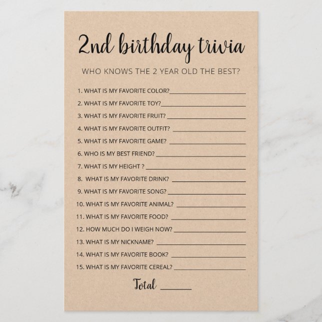 2. Geburtstag Trivia editierbares Spiel (Vorderseite)