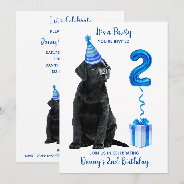 2. Geburtstag Welpenthema - Niedlicher Hund Blue B Einladung (Vorne/Hinten)