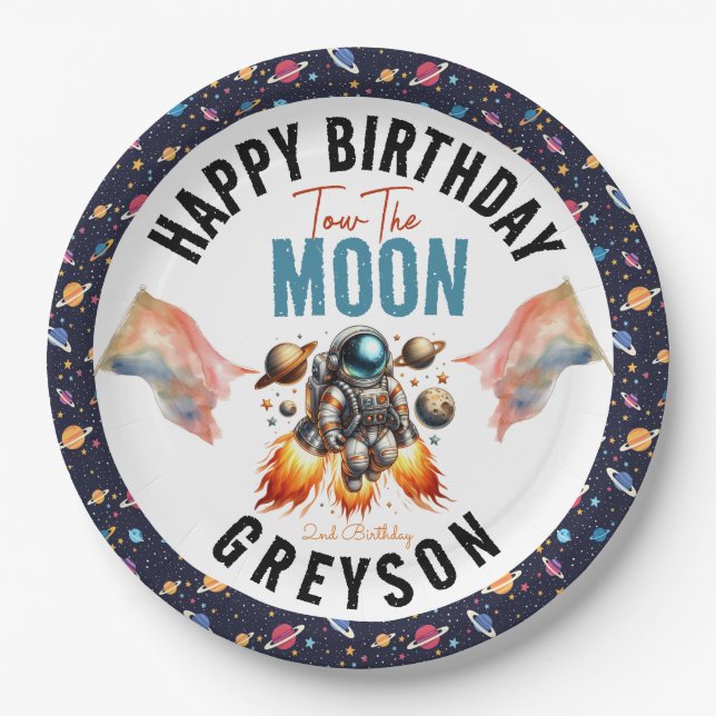 2. Geburtstag Weltraum starten Pappteller (Vorderseite)