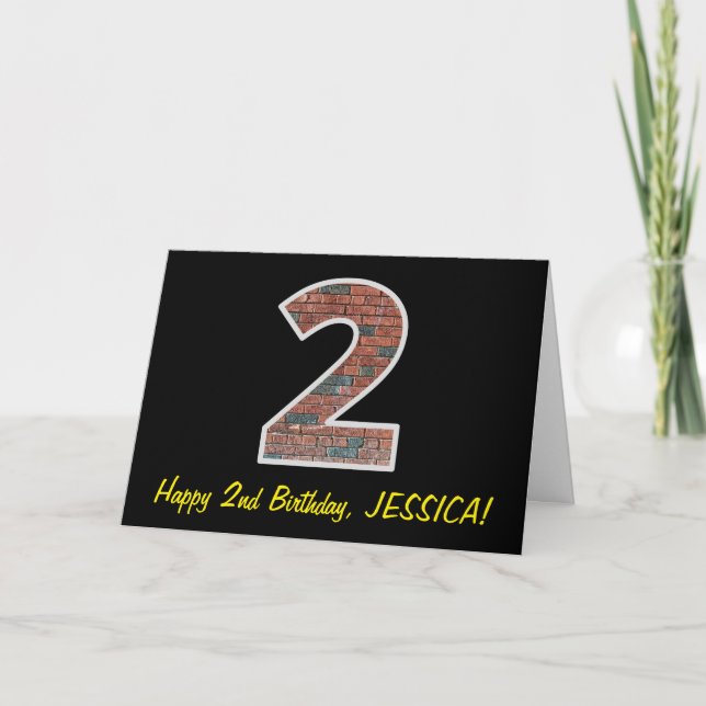 2. Geburtstag - Ziegelmauermuster "2" mit Name Karte (Vorderseite)