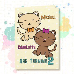2. Geburtstag Zwillingsjunge Mädchen Katze Cartoon Karte