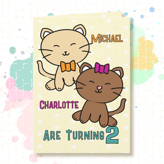 2. Geburtstag Zwillingsjunge Mädchen Katze Cartoon Karte (Von Creator hochgeladen)
