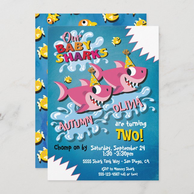 2 Girl Sharks Baby Birthday Party Einladung (Vorne/Hinten)