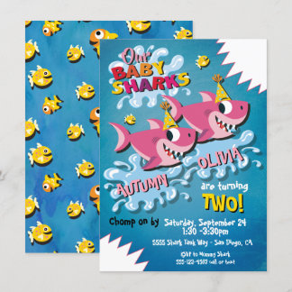 2 Girl Sharks Baby Birthday Party Einladung