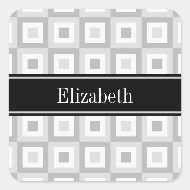 2 Gray Whcentric Square Black Name Monogram Quadratischer Aufkleber (Vorderseite)