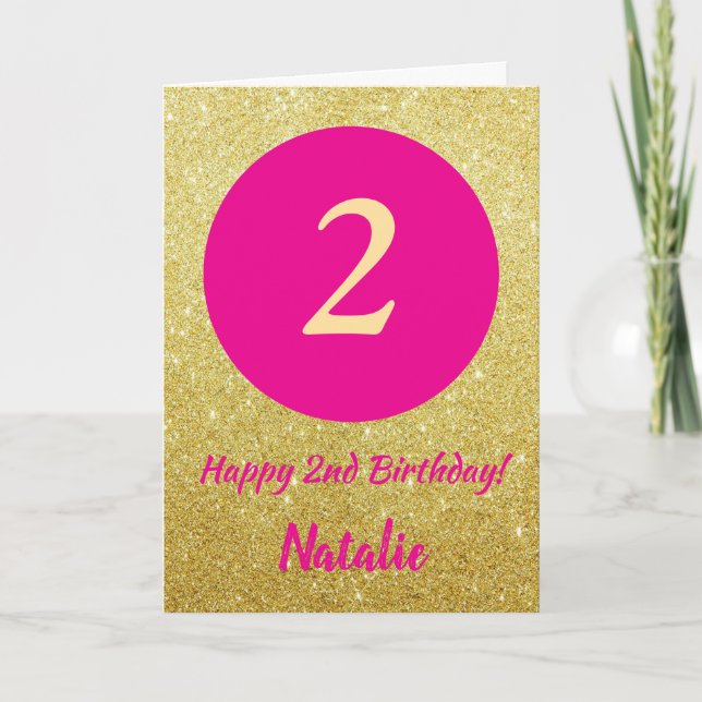 2. Happy Birthday Hot Pink und Gold Glitzer Karte (Vorderseite)