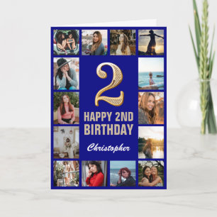 2. Happy Birthday Navy Blue & Gold Foto Collage Karte