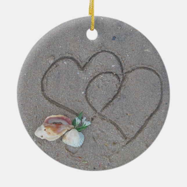 2 Herz im Sand mit Muscheln Keramikornament (Hinten)