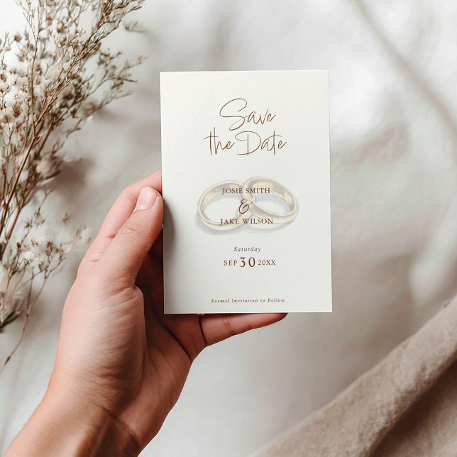 2 Hochzeitsringe rustikale Wasserfarbe Save the Da Save The Date (Save the date card with 2 gold wedding rings illustration muted background. Easy to read date)
