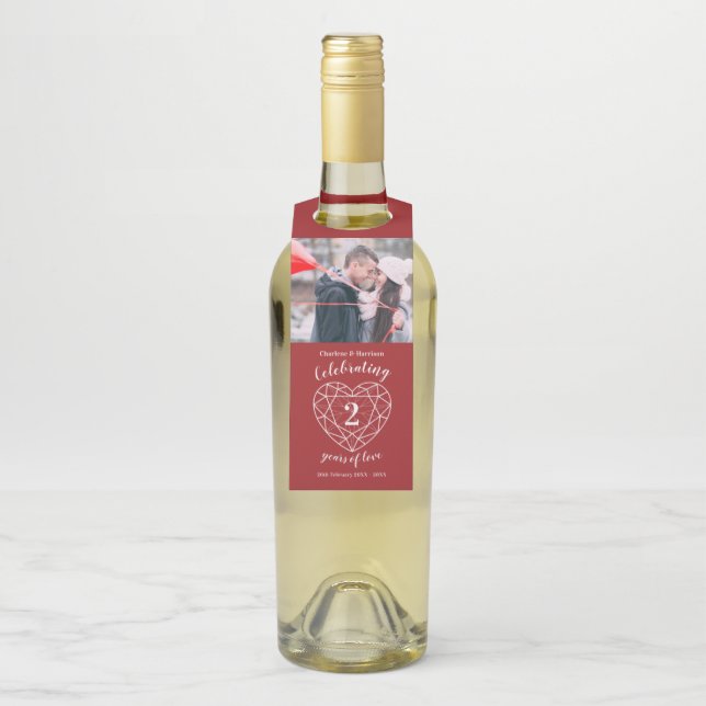 2. Hochzeitstag Foto mit rotem Herz Flaschenanhänger (Auf Flasche)