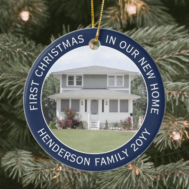 2 House Fotos First Xmas New Zuhause Navy Blue Whi Keramik Ornament (Von Creator hochgeladen)
