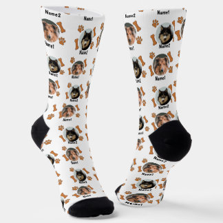 2 Hunde Fotos 2 Namen + Knochen & Paw Prints - wei Socken
