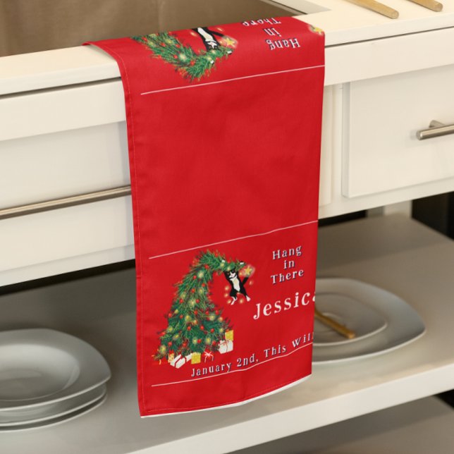 2. Januar wird alles über Weihnachten Geschirrtuch (Cute Funny Red "hang In there" Cat in Christmas Tree Apron Custom Christmas Tree Sarcastic Tea Towel)