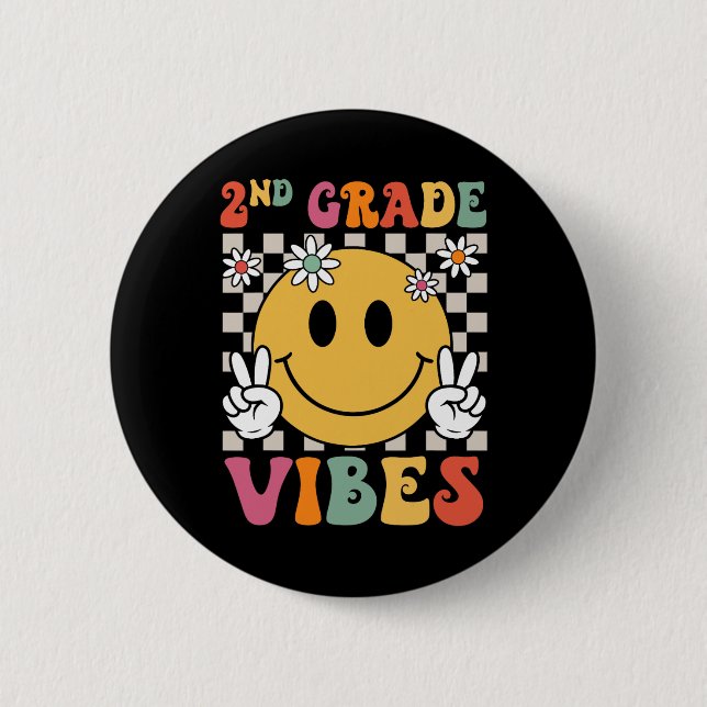 2. Klasse Vibes Mädchen Retro-Lächeln Lehrer-Team  Button (Vorderseite)