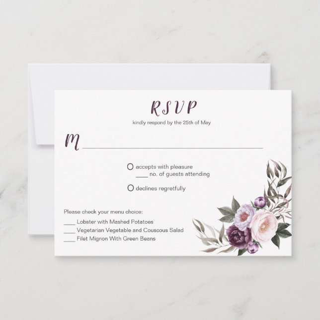 #2 Lila Plum Pink Peonies Bouquet Menü Auswahl RSVP Karte (Vorderseite)