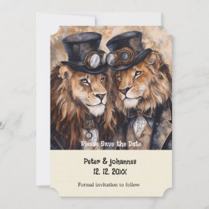 2 männliche Löwen Steampunk Hochzeitstag Einladung
