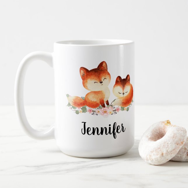 2 Niedliche kleine rote Füchse Wasserfarbdesign Kaffeetasse (Mit Donut)