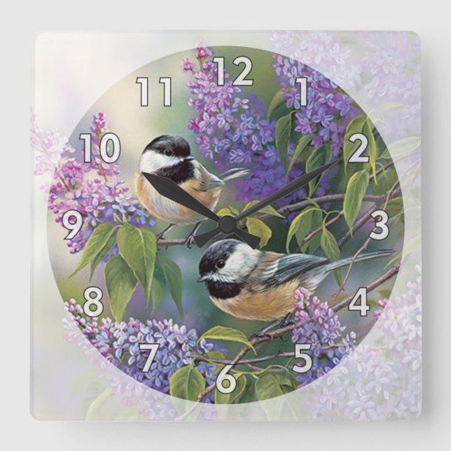 2 Niedliche kleine Vögel in einem Baum Quadratische Wanduhr (Vorderseite)