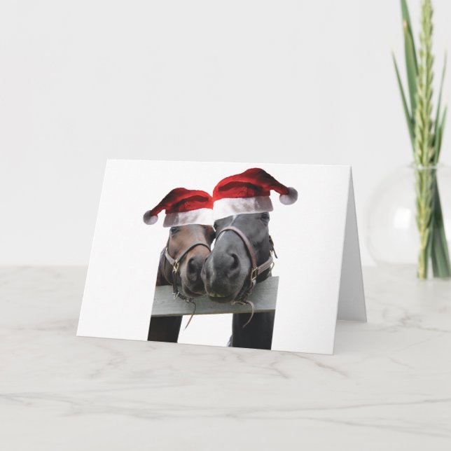 2 Pferde mit Santa Claus Hats Karte (Vorderseite)