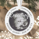 2 Photo Baby Ultrasound Parents Expecting Modern Ornament<br><div class="desc">Celebrate the precious gift of your newest family member with a stylish two photo round acrylic ornament. Gender neutral design is suitable for a new baby boy or girl. Wording and pictures on this template are simple to personalize, and can be different or the same on front and back. (IMAGE...</div>