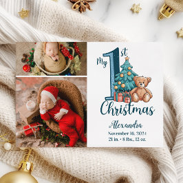 2 Photo Blue Teddy Baby 1st Christmas Feiertagskarte