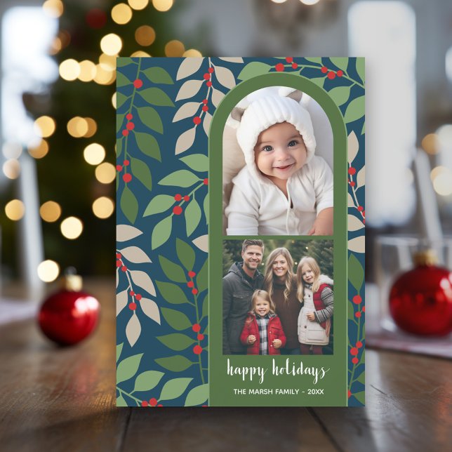 2 Photo modern arch eucalyptus branches Christmas Feiertagskarte (Modern Christmas Photo Greeting Card)