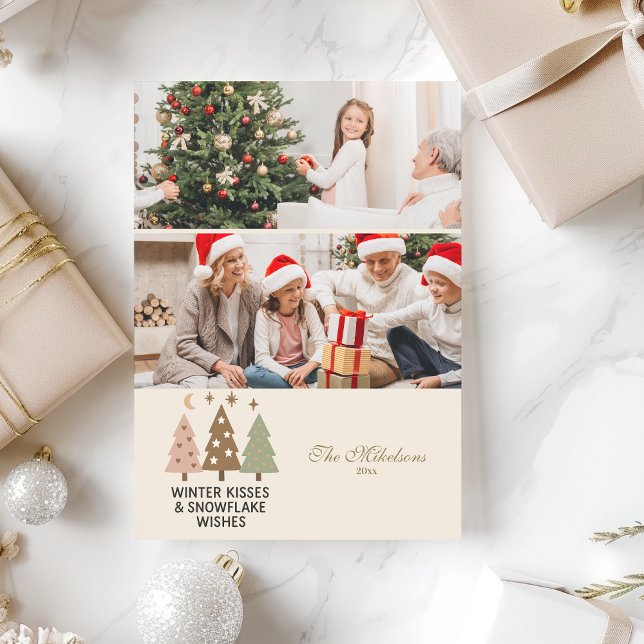 2 Photo Retro Winter Kisses & Snowflake Wishes Feiertagskarte (Von Creator hochgeladen)