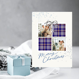 2 Photo X-mas Present Card Blue Tartan Silver Bow Einladung