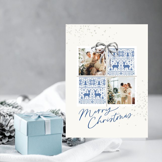 2-Photo X-mas Present Card Nordic Knits Silver Bow Einladung (Christmas card with two photo frames and nordic blue knit pattern)