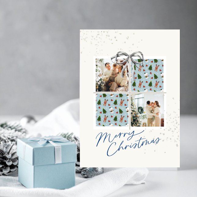 2-Photo X-mas Present Card Rudolph Firs Silver Bow Einladung (Christmas card with two photo frames and festive holiday details)